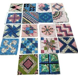 Handmade Quilt 12" Blocks Lot 19 Blue Pink UFOs Sewing Crafts Patchwork Pieced